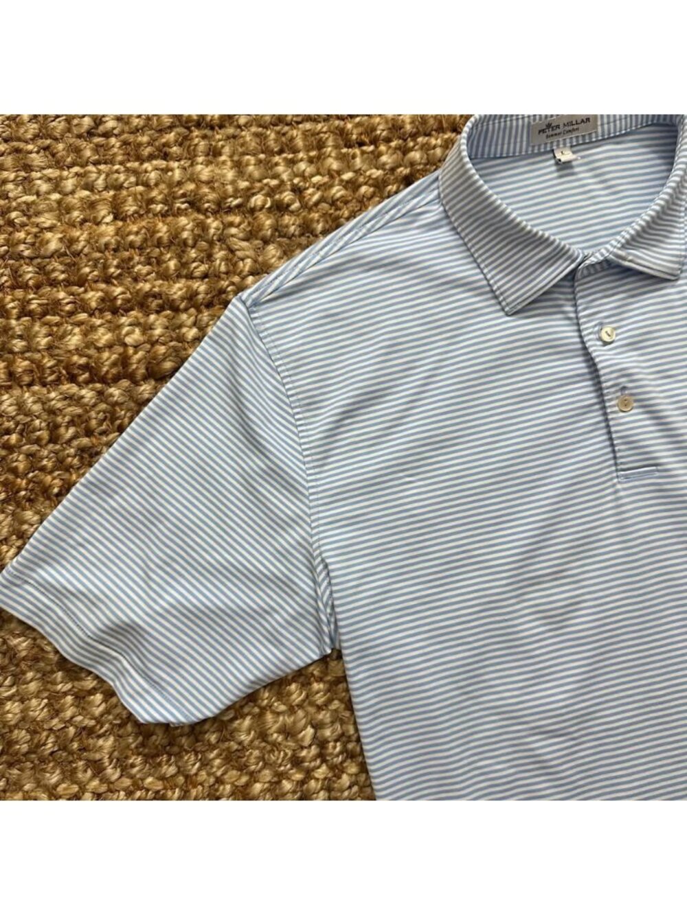 Peter Millar Crown Summer Comfort Men Large Blue White Striped Golf Polo Shirt